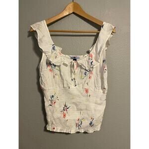 Vylette Womens Crop Top Size XL White Floral Ruffle Smocked Milkmaid Cottagecore
